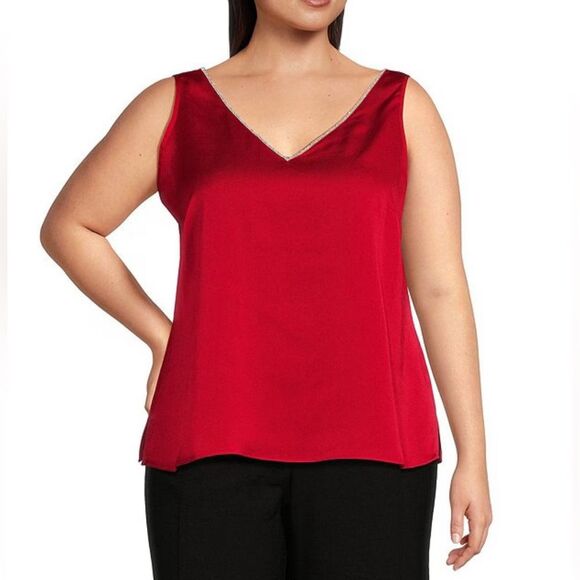 Vince Camuto Tops - Vince Camuto V-Neck Sleeveless Rhinestone Trim Satin Tank Top Size 3X